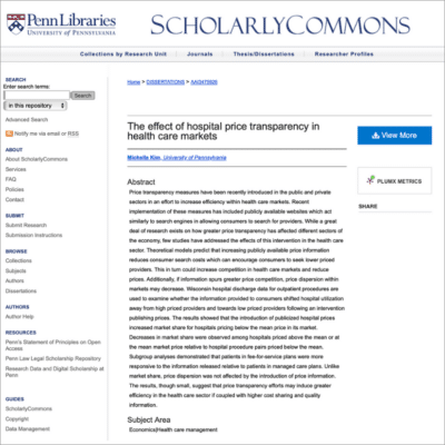 University of Pennsylvania study on impact of hospital price transparency