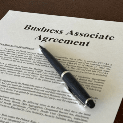 Business Associate Agreement with a pen laying on it.