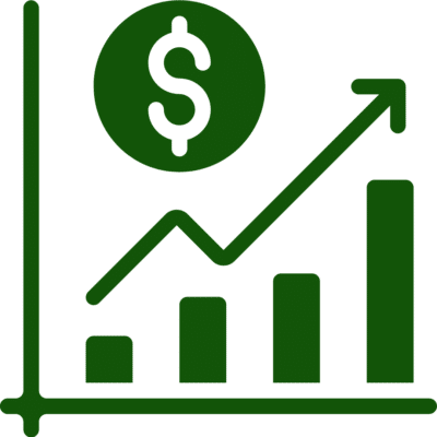 Financial icon with dollar sign, arrow, and column graph.